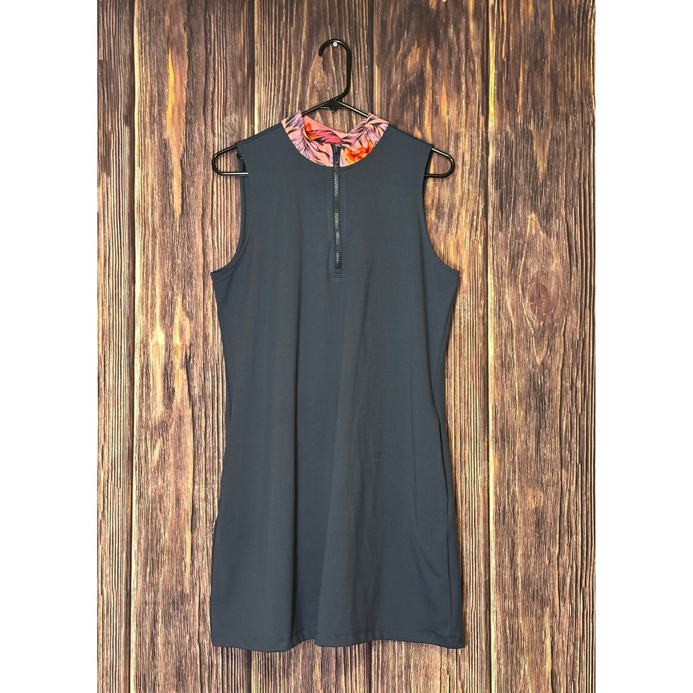 Tommy Bahama Golf Polo Dress Womens Size L Navy Sleeveless Zip 1/4 Neck Tropical - Picture 2 of 12